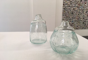 sake bottles of recovered blown glass at Japanese design exhibition in Otto Zoo Gallery, ph. pr/udercover